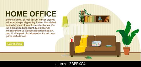 The concept of work from home, remote work. Laptop on the couch, the most comfortable workplace. Cocktail, plaid, books, slippers. Logo header, web ba Stock Vector