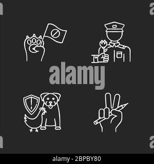 Social activism chalk white icons set on black background Stock Vector