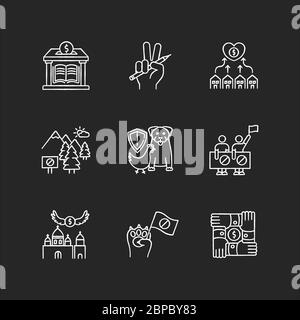 Community support chalk white icons set on black background Stock Vector
