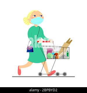 young woman carries a cart with groceries. Mom walks around the store, buys groceries, food. Blonde in a dress with a handbag. Stock Vector