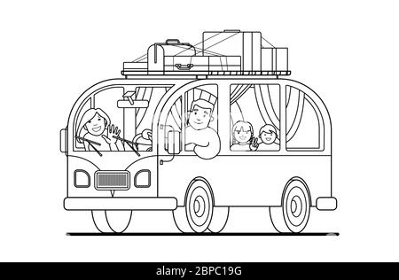 Contour. Family trip on a minivan; father drives, mother, children; camping. Happy cartoon people kids in a retro minivan. Road trip, summer vacation. Stock Vector