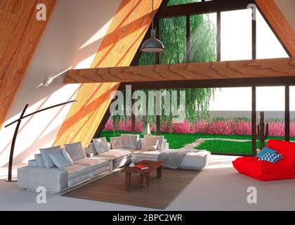 Interior design, modern living room with a large sofa, coffee table, armchair and a lamp. Large triangular window overlooking a private garden Stock Photo
