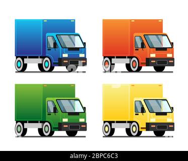 Set of 4 vector small trucks of different colors. Cargo delivery. Lorry set in flat cartoon style. Image for children, for printing on clothes, fabric Stock Vector