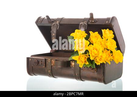 Vintage suitcase with yellow roses isolated over white background Stock Photo