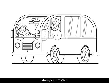 Family travel on a minivan; a man drives a car, a woman waves her hand. Happy cartoon people in a retro minivan. Road trip, summer vacation, contour v Stock Vector