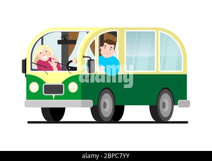 Family travel on a minivan; a man drives a car, a woman waves her hand. Happy cartoon people in a retro minivan. Road trip, summer vacation, vector il Stock Vector