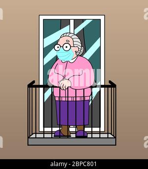 Vector image of an old woman on the balcony. Good old grandmother. Elderly woman, senile people concept. Stock Vector