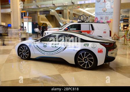 DUBAI, UAE - NOVEMBER 16: The BMW i8 electric car of Dubai Police is on Dubai Motor Show 2019 on November 16, 2019 Stock Photo