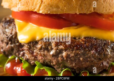 Homemade Grass Fed Cheeseburger with Fries and a Beer Stock Photo