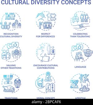 Cultural diversity blue gradient concept icons set Stock Vector