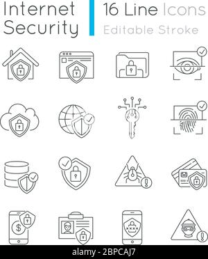 Internet security system pixel perfect linear icons set Stock Vector