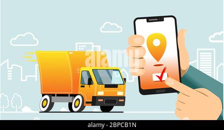 Online service of fast delivery to a smartphone; truck with order delivery. Man tracking an order using his smartphone, a city street in the backgroun Stock Vector