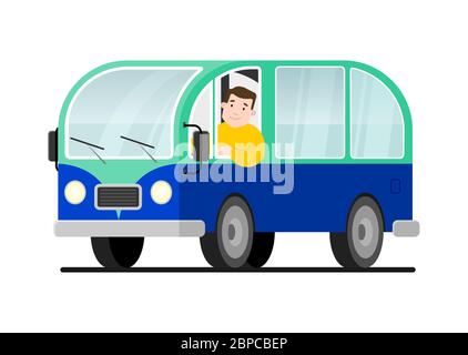 Minivan travel a man drives a car. Happy cartoon man in a retro minivan. Road trip, summer vacation, vector illustration. Stock Vector