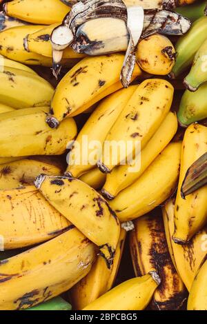 Clusters of ripe yellow bananas photographed on a fruit market. Overripe banana. Tropical fruits. Healthy lifestyle concept, source of vitamins. Vertical picture. Stock Photo