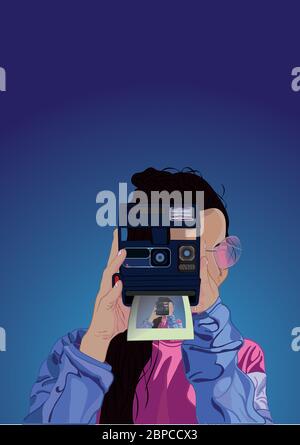 Illustration of white girl with brown hair taking a insta shot of herself with a vintage camera, dressed in colorful clothes and pink sunglasses Stock Vector