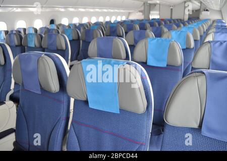 Empty, economy class seats at an airliner. Stock Photo