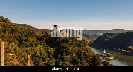 'Gutenfels' castle and 'Pfalzgrafenstein' castle at dusk, Kaub, Germany Stock Photo