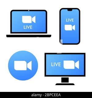 Blue camera icon - Live media streaming application on different devices - laptop, smartphone, tv, tablet, monitor, conference video calls with Stock Vector