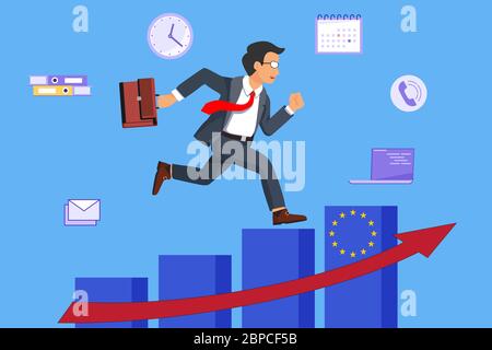 Businessman runs and hurries on the growing bar chart graph diagram. Man with briefcase jumping on graph pillar Stock Vector