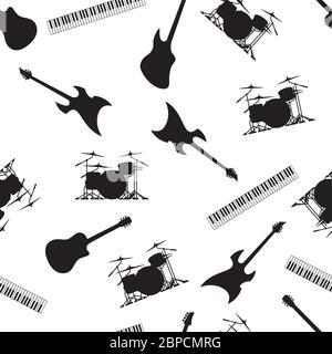 Guitar, Drums, Keyboards, and Bass, Musical Instruments Seamless Repeating Pattern Vector Illustration Stock Vector