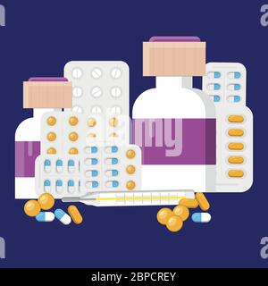 Medication drugs. Medicine pill, pharmacy drug bottle and antibiotic. Medications prescription painkillers, health shop isolated illustration Stock Vector