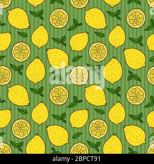 Lemon and a round slice on green striped Seamless pattern. Vector hand drawn illustration. Surface yellow color minimalist texture design background. Stock Vector