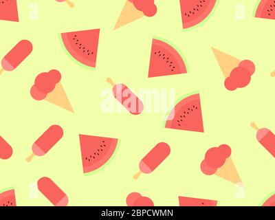 Watermelon ice cream seamless pattern. Triangular slices of watermelon and Ice lolly. For brochures, promotional material and wallpaper. Vector illust Stock Vector