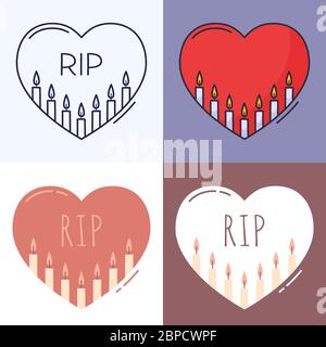 Candles inside the heart outline icon set. The concept of grief, loss, death. Vector illustration hand-drawn in doodle style Stock Vector