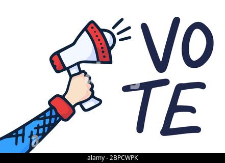 Male hand holding megaphone with Vote speech bubble. Hand drawn doodle Loudspeaker. Vector illustration. Stock Vector