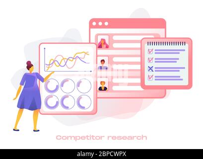 Cartoon icon with competitor research marketing business for SMM analytics, audience segmentation. Product advertising strategy development with characters. 3d flat style infographic illustration.  Stock Vector