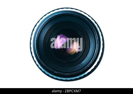 View inside old black potograpic lens with purple flare isolated on white background Stock Photo