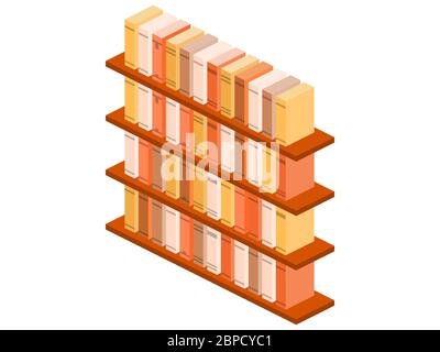 Bookshelf isolated on white background isometric. Books on a bookshelf, catalog, library. Vector illustration Stock Vector