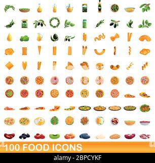 100 food icons set. Cartoon illustration of 100 food icons vector set isolated on white background Stock Vector