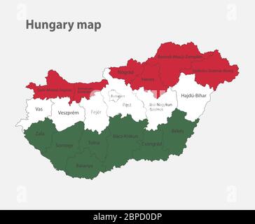 Map of the Hungary in the colors of the flag with administrative divisions vector Stock Vector