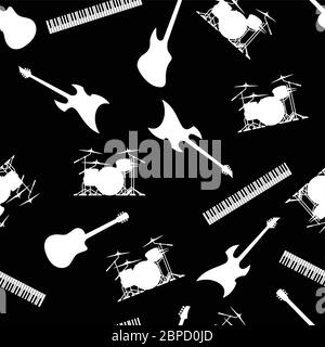 Guitar, Drums, Keyboards, and Bass, Musical Instruments Seamless Repeating Pattern Vector Illustration Stock Vector