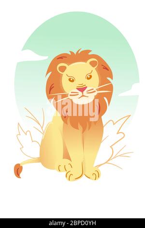 Lion in flat style on white background. Big cat childish vector illustration. Cute wild african cartoon animal. Zoo postcard in pastel color. Greeting card, poster, isolated banner. Stock Vector