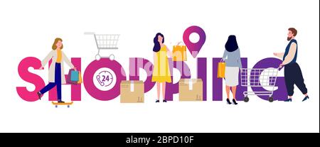Collection of people carrying shopping bags discount sale with purchases. Cartoon characters isolated on white background. modern flat cartoon design. Stock Vector
