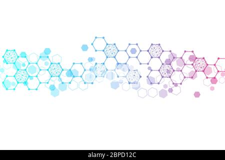 Science network pattern, connecting lines and dots. Technology hexagons structure or molecular connect elements. Stock Vector