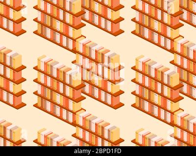 Bookshelf isometric seamless pattern. Books on a bookshelf, catalog, library. Vector illustration Stock Vector