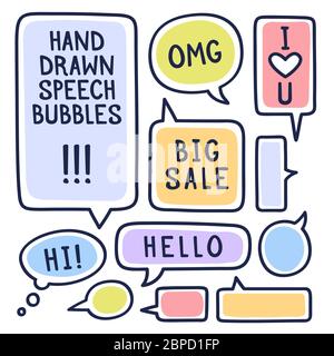 Hand drawn doodle speech bubbles set with accentuation, filled with paint strokes and example texts Big sale, Hello, Hi, love you". Vector illustratio Stock Vector