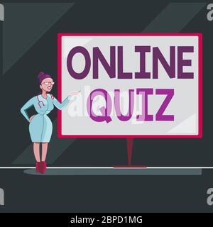 Writing note showing Online Quiz. Business concept for game or a mind sport that are published on the Internet Doctor with Stethoscope Hand Presenting Stock Photo