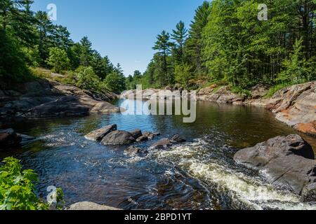 Victoria Falls Conservation Area  showing main falls area, two tone textured rocks and green forest on a sunny summer gorgeous day Stock Photo