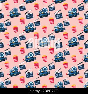 video camera , popcorn and clapper for movie concept seamless pattern vector illustration background Stock Vector