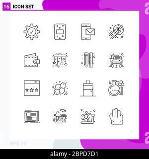 Editable Vector Line Pack of 16 Simple Outlines of purse, beach, mobile, coin, dollar Editable Vector Design Elements Stock Vector