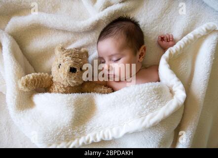 Newborn baby boy sleeping with teddy bear Stock Photo