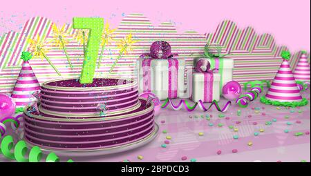 Purple round 7 birthday cake decorated with colorful sparks and pink lines on a bright table with green streamers, party hats and gift boxes with pink Stock Photo
