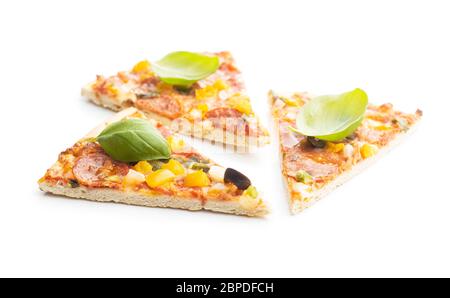 Tasty salami pizza isolated on white background.
