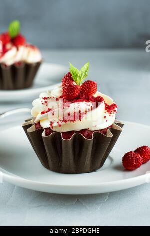 close up shot of Delicious chocolate cupcake for quarantine, The concept of the Easter holidays and decor. Stock Photo