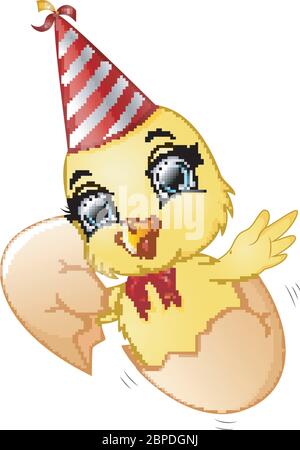 Cracked egg with cute chicks inside celebrating birthday Stock Vector