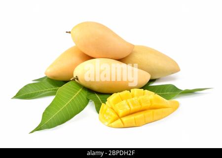 Mango fruit with mango cubes and slices. Isolated on a white background. Perfect ripe mango fruit. Selected focus Stock Photo